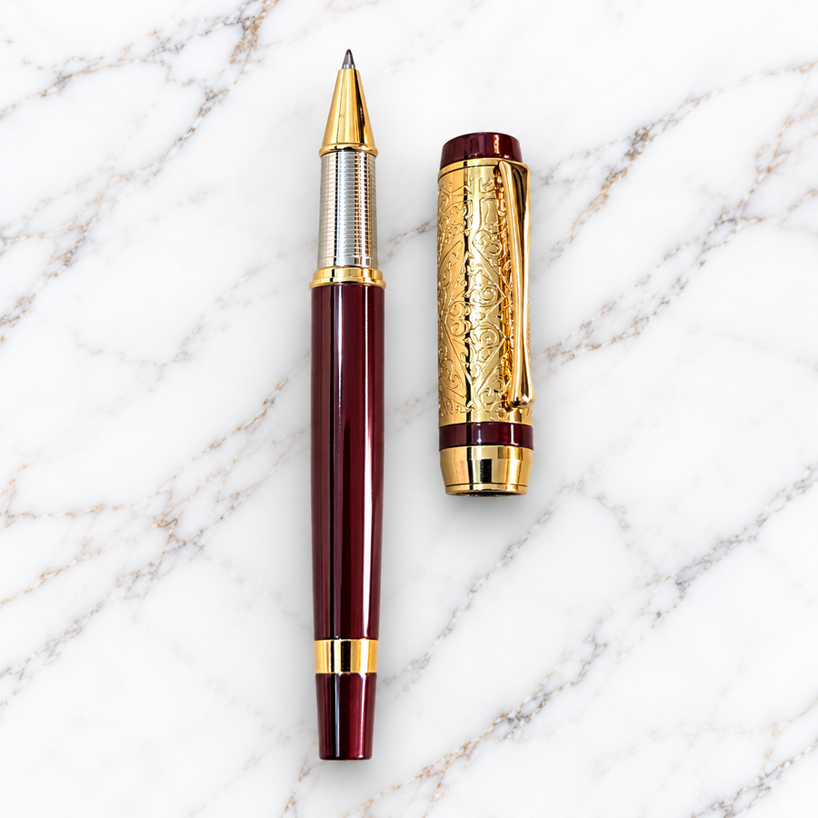 Metallic Glossy Maroon Ball Pen with Gold Designer Cap | Openable Mechanism | Blue Ink | 1 Extra Refill