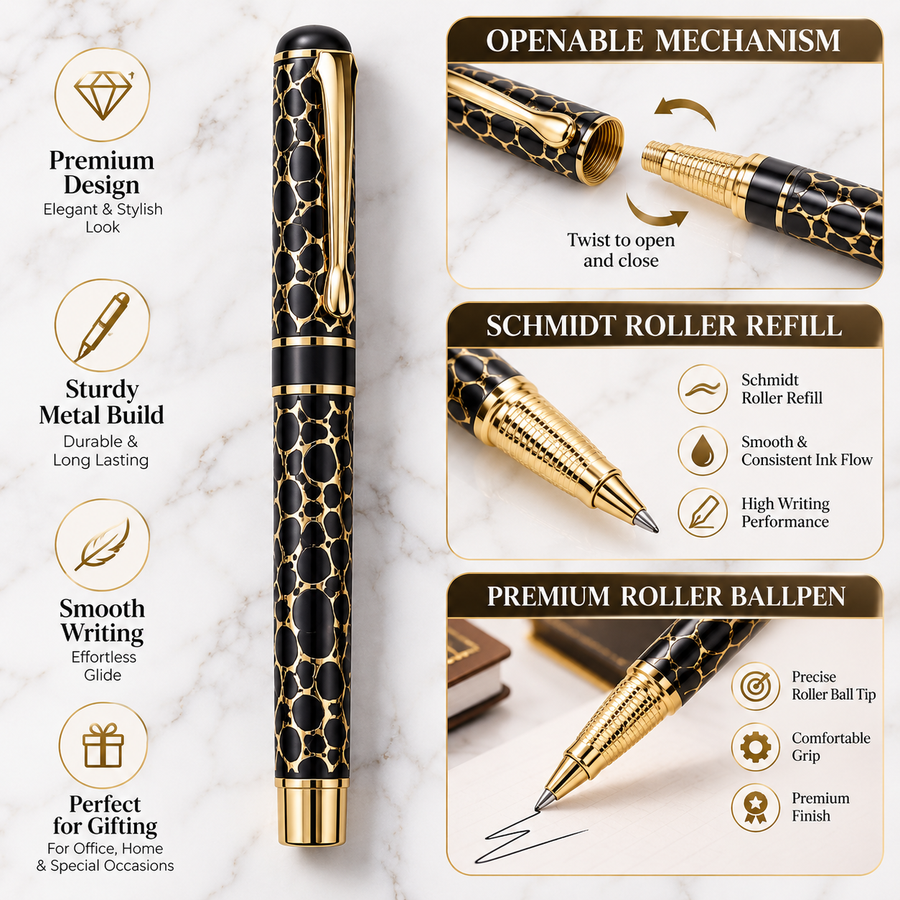 Matt Black Gold Designer Openable Metal Ball Pen – Blue Ink with 1 Extra Refill