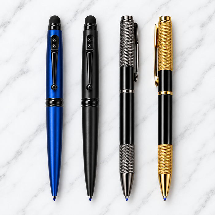 Set of 4 Assorted Metal Ball Pens – Blue Stylus, Matt Black & Glossy Black Designer Twist Pens | Blue Ink