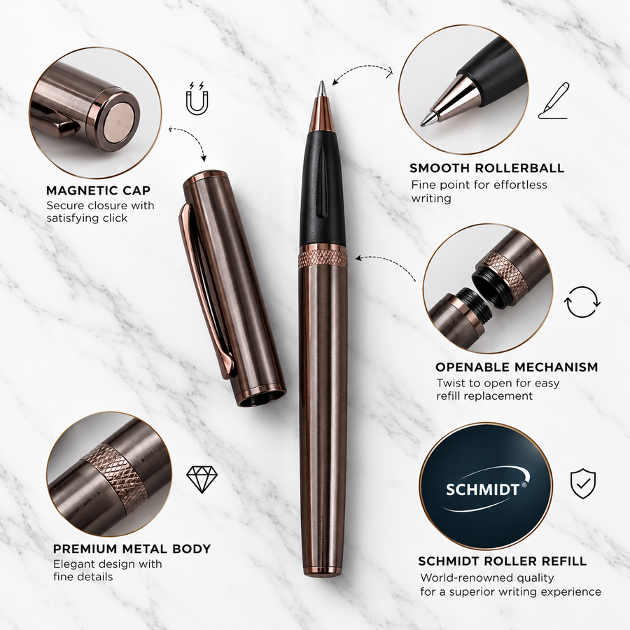 Metallic Glossy Brown Magnetic Cap Roller Ball Pen – Blue Ink | 1 Extra Refill