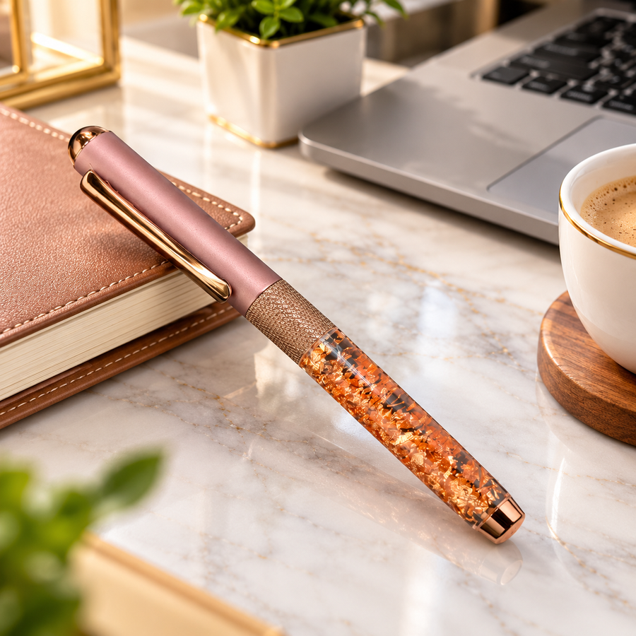Ball Pen Bazaar Metallic Glossy Liquid Rose Gold Glitter Barrel Ball Pen with Rose Gold Cap | Openable | Blue Ink