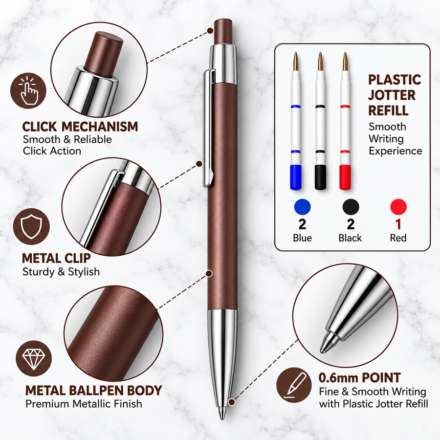 Ball Pen Bazaar Matt Burgundy Ball Pen with Silver Design & Clip | Click Mechanism | Blue Ink | 1 Extra Refill Free