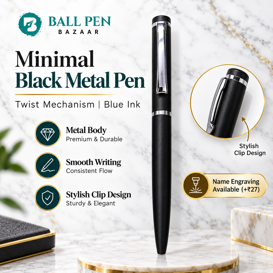 Black Metal Twist Ball Pen with Stylish Silver Clip | Blue Ink | Screw Type Metal Refill | 1 Extra Refill