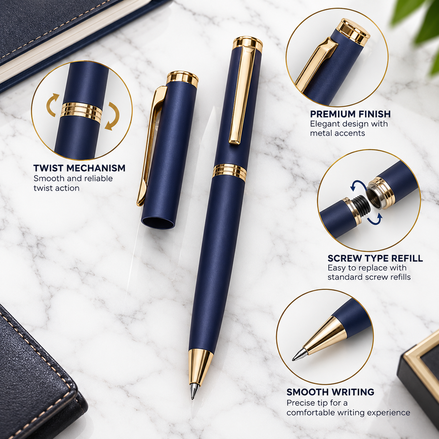 Matt Dark Blue Gold Clip Twist Ball Pen – Blue Ink | 1 Extra Refill