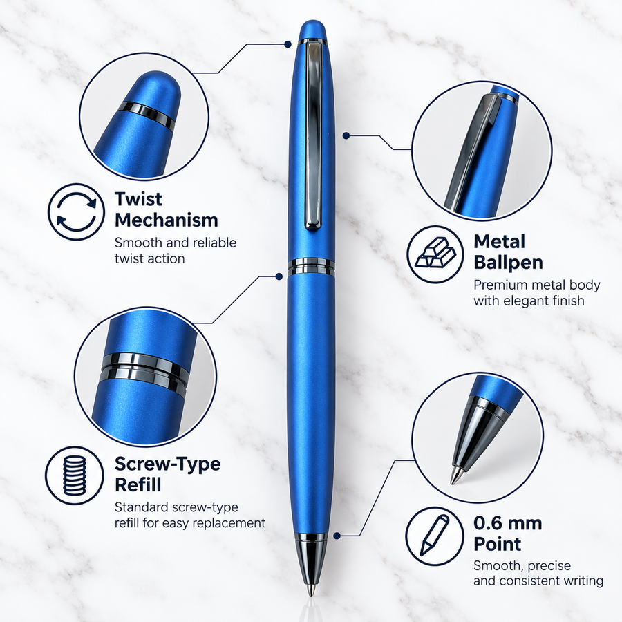 Matt Blue Metal Ball Pen with Glossy Blue Clip | Twist Mechanism | Blue Ink | 1 Extra Refill Free