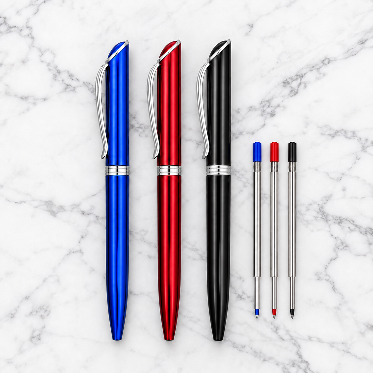 Set of 3 Metallic Glossy Twist Metal Ball Pens – Blue, Red & Black | Blue Ink | 3 Extra Screw Type Metal Refills (Blue, Red & Black) | Executive Gift Pen Set