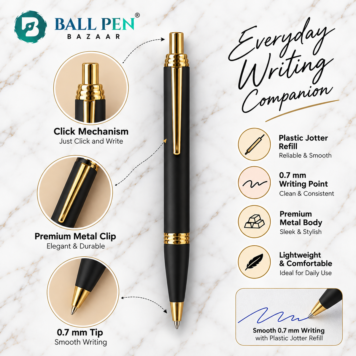 Set of 3 Premium Black Metal Click Ball Pens – Rose Gold & Gold Trim | Blue Ink | 3 Free Refills | Executive Gift Pen Set