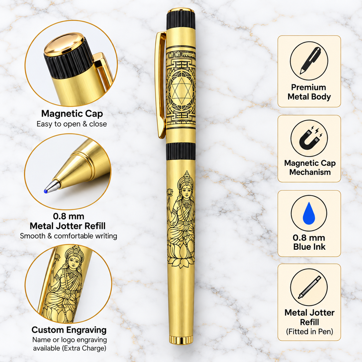Premium Gold Mahalakshmi Yantra Metal Ball Pen | Magnetic Cap | 0.8 mm Blue Ink Metal Jotter Refill | Custom Engraving Available