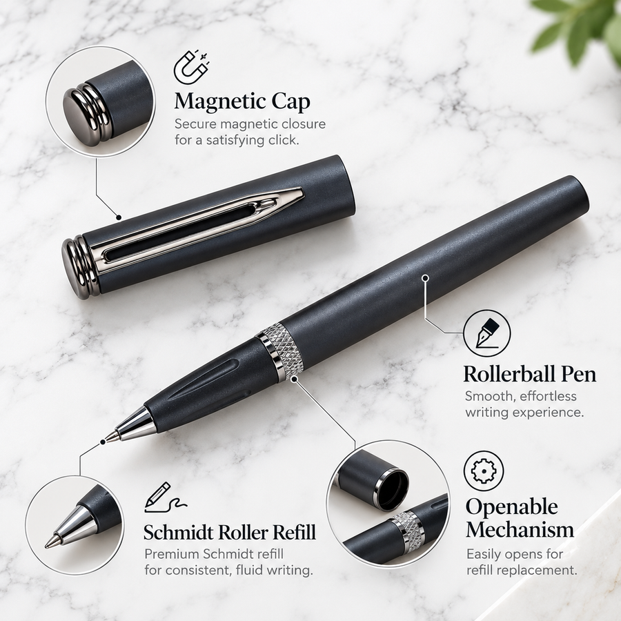 Metallic Glossy Gunmetal Magnetic Cap Roller Ball Pen – Blue Ink | 1 Extra Refill Free