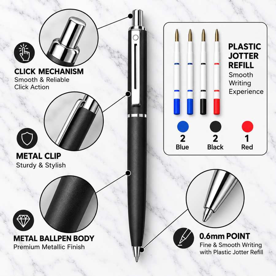Matt Black Ball Pen with Glossy Silver Clip – Click Mechanism | Blue Ink | 1 Extra Refill Free