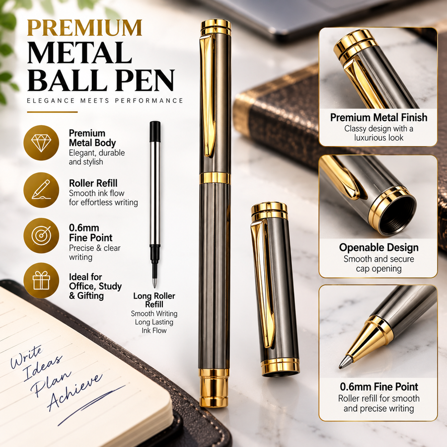 Metallic Glossy Gunmetal Ball Pen with Gold Clip | Openable Mechanism | Blue Ink | 1 Extra Refill Free