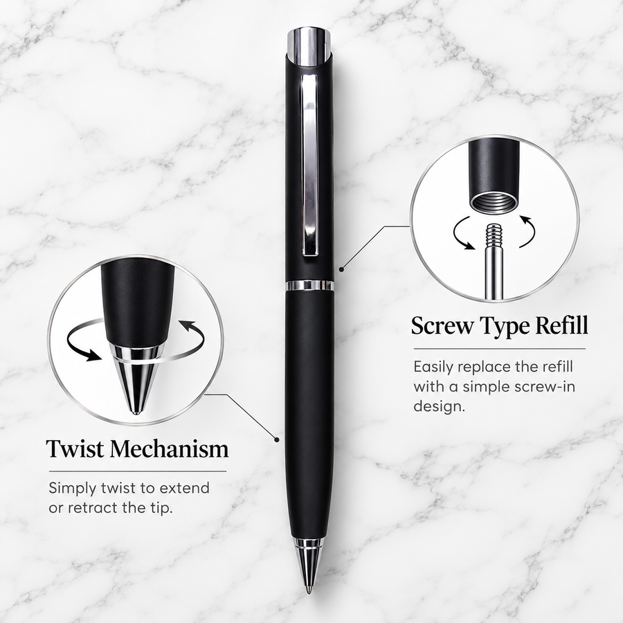 Matt Black Metal Twist Ball Pen with Silver Clip | 0.7 mm Blue Ink | Screw Type Refill + 1 Extra Refill