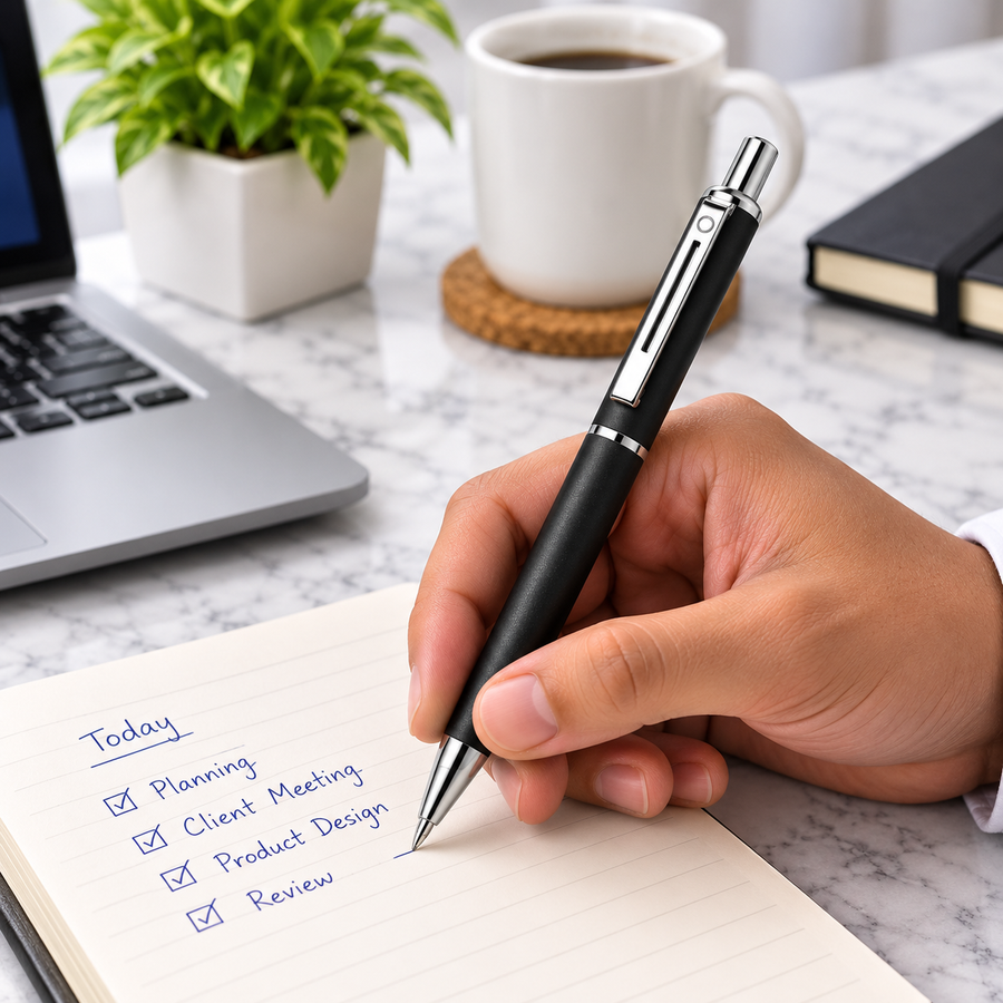 Matt Black Ball Pen with Glossy Silver Clip – Click Mechanism | Blue Ink | 1 Extra Refill Free
