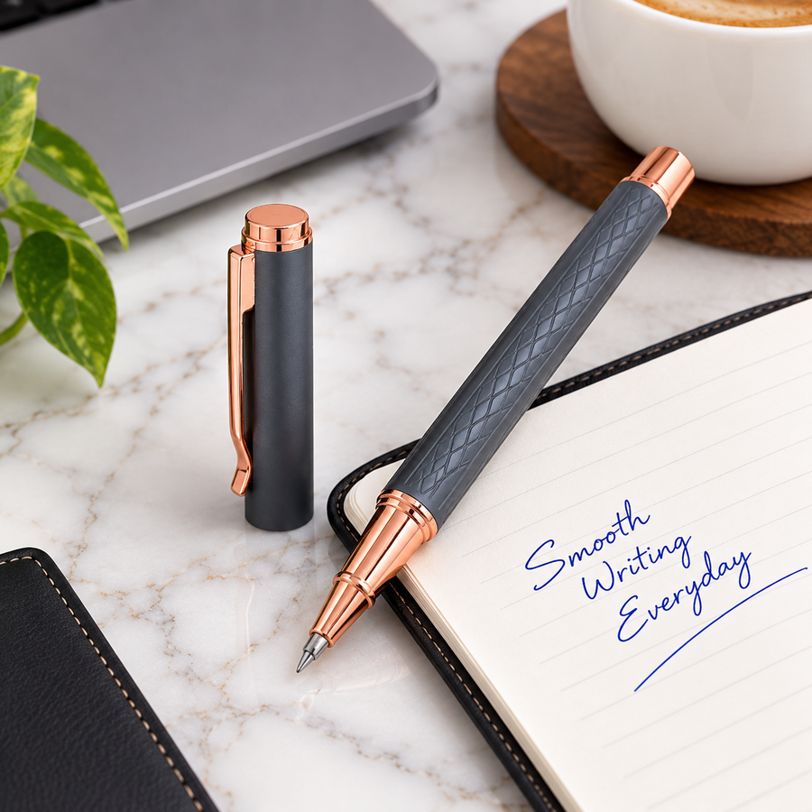 Matt Grey Rose Gold Openable Cap Roller Ball Pen – Fine Point | Blue Ink