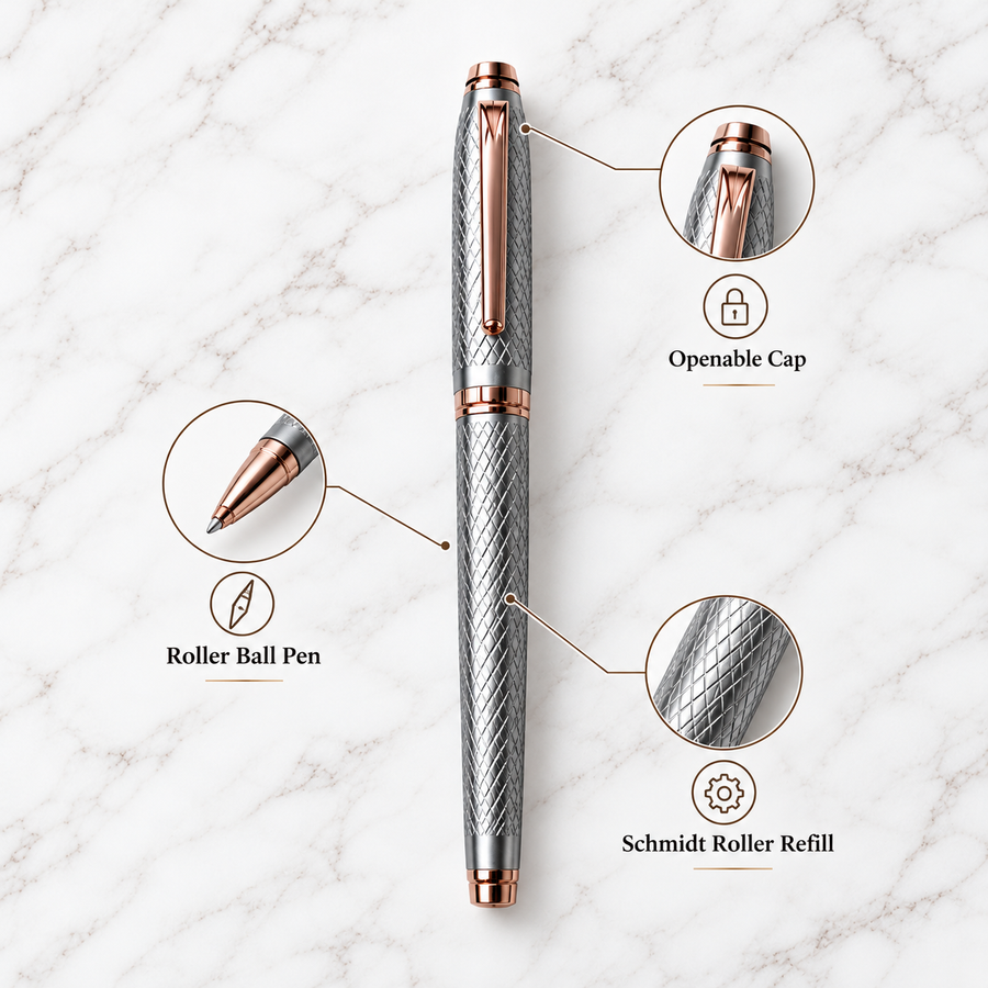 Premium Silver Metal Roller Ball Pen with Line Design | Blue Ink | Roller Refill | Executive Writing Pen