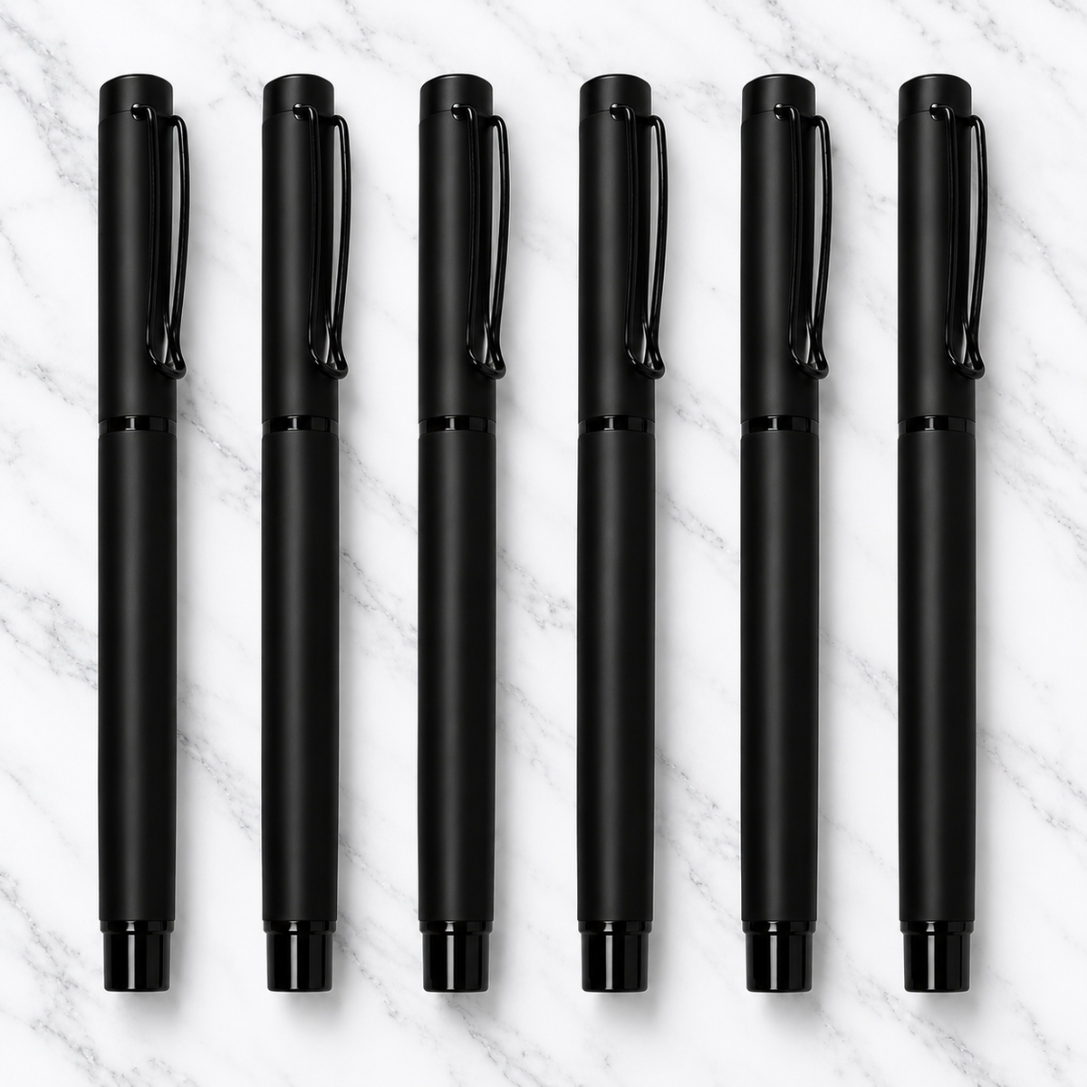 Set of 6 Matt Black Metal Ball Pens with Black Clip – 0.7mm Blue Ink, Plastic Grip & 6 Extra Refills