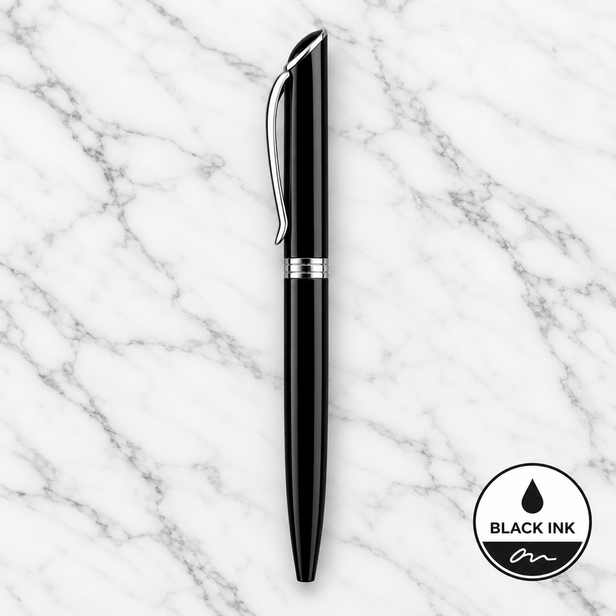 Metallic Glossy Black Ball Pen with Silver Clip | Twist Mechanism | Black Ink | 1 Extra Refill