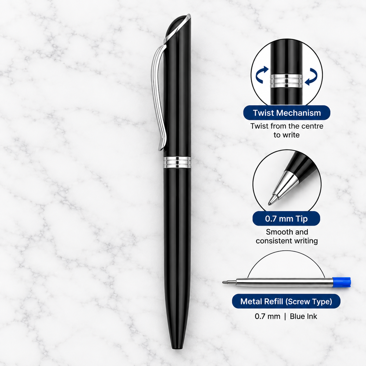 Set of 3 Metallic Glossy Twist Metal Ball Pens – Blue, Red & Black | Blue Ink | 3 Free Refills | Executive Gift Pen Set