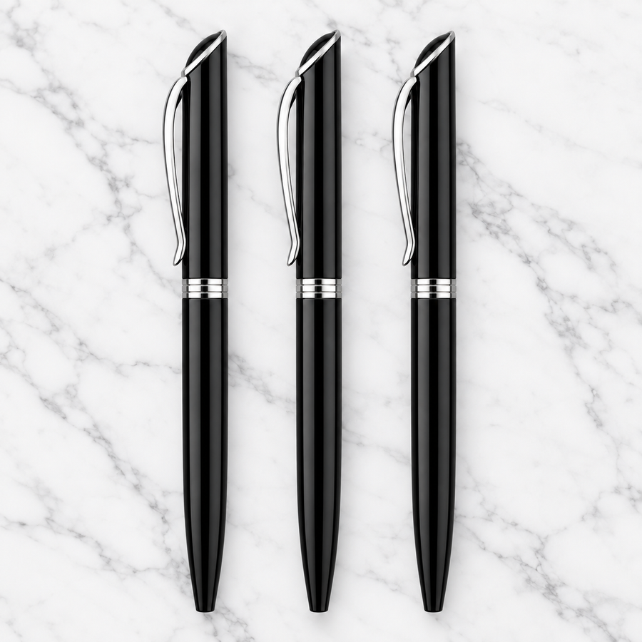 Set of 3 Metallic Glossy Black Ball Pens with Silver Clip – Twist Mechanism, Blue Ink & 3 Extra Refills