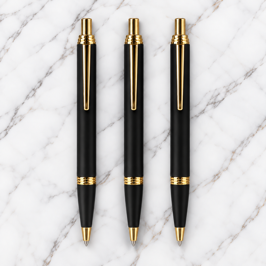 Set of 3 Matt Black Gold Clip Click Metal Ball Pens – Blue Ink | 3 Extra Plastic Jotter Refills Free