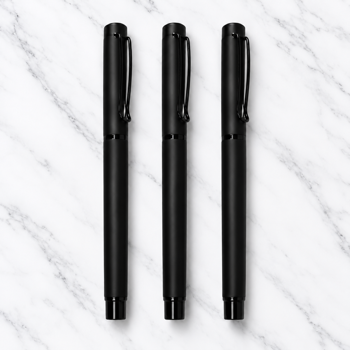 Set of 3 Matt Black Metal Ball Pens with Black Clip – 0.7mm Blue Ink, Plastic Grip & 3 Extra Refills