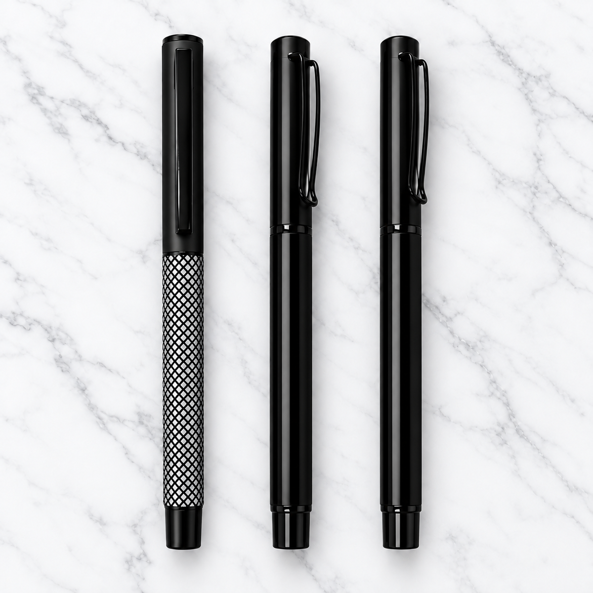 Set of 3 Black Metal Ball Pens – 1 Textured Grip & 2 Glossy Black Pens | Office & Gifting Combo