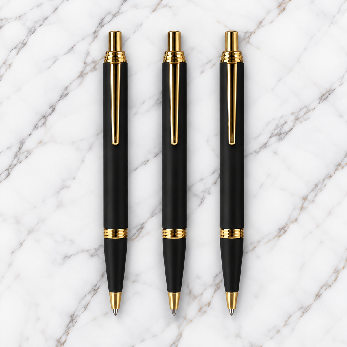 Set of 3 Matt Black Gold Click Metal Ball Pens – Blue Ink, Plastic Jotter Refill & 3 Extra Refills