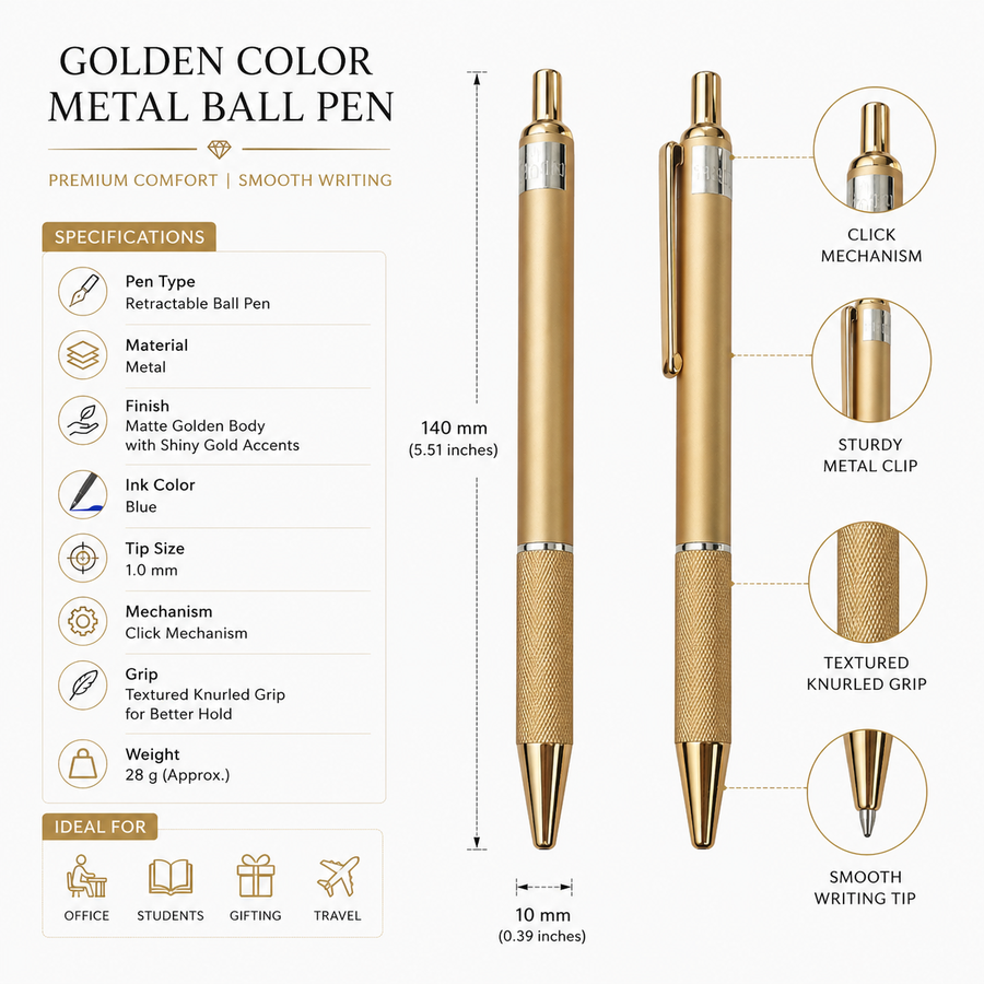 Metallic Glossy Full Gold Click Ball Pen Set of 3 with 3 Extra Blue Refills, Metal Body, Blue Ink, Executive Office — Ballpen Bazaar