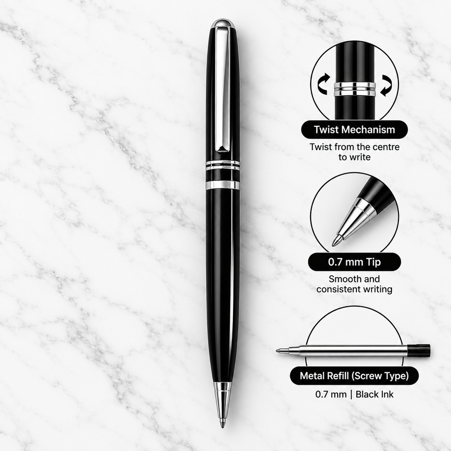 Ball Pen Bazaar Metallic Glossy Black Ball Pen with Silver Clip & Ring | Twist Mechanism | Black Ink | 1 Extra Refill