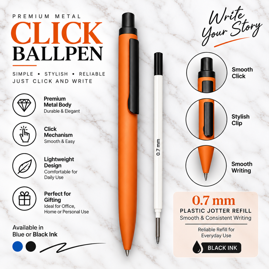 Matt Light Brown Metal Ball Pen with Black Clip Click Mechanism Black Ink Premium Executive Gift Pen with 1 Free Refill
