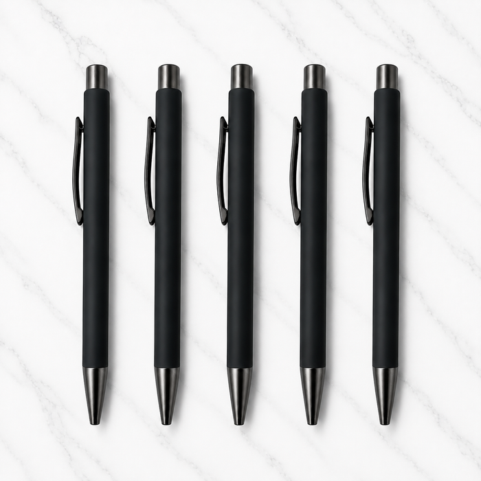 Matt black ball pen set with gunmetal clip, click mechanism and blue ink