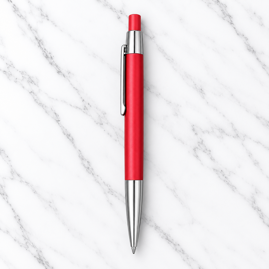 Matt Red Ball Pen with Silver Design & Clip – Click Mechanism | Blue Ink | 1 Extra Refill Free