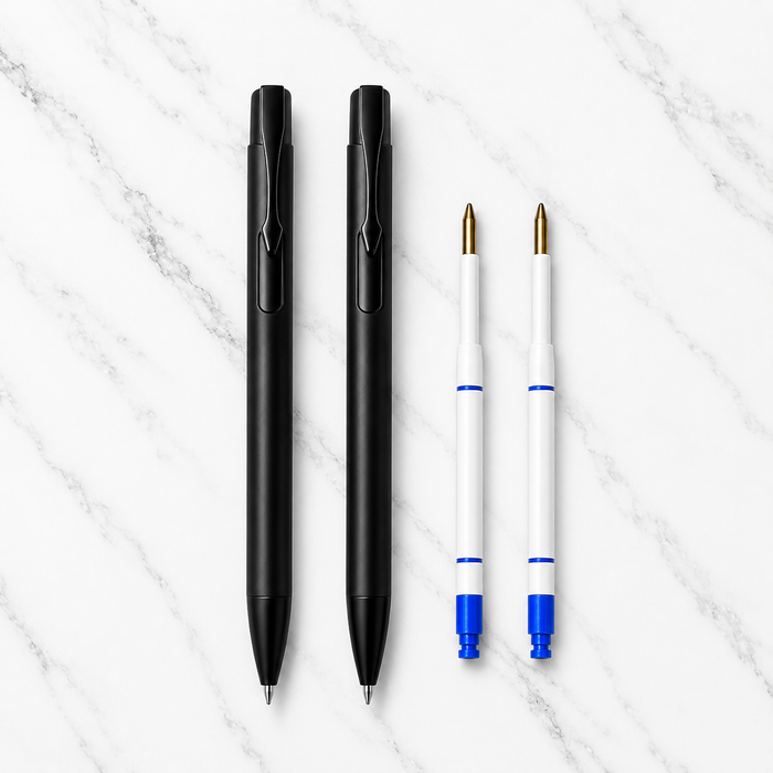 Ballpen Bazaar Ballpen Bazaar Set of 2 Matt Black Ball Pens with Glossy Black Clip | Click Mechanism | Blue Ink | Includes 2 Free Plastic Jotter Refills | Premium Metal Ball Pen for Office, School, Business, Executive Gift with Name Engraving