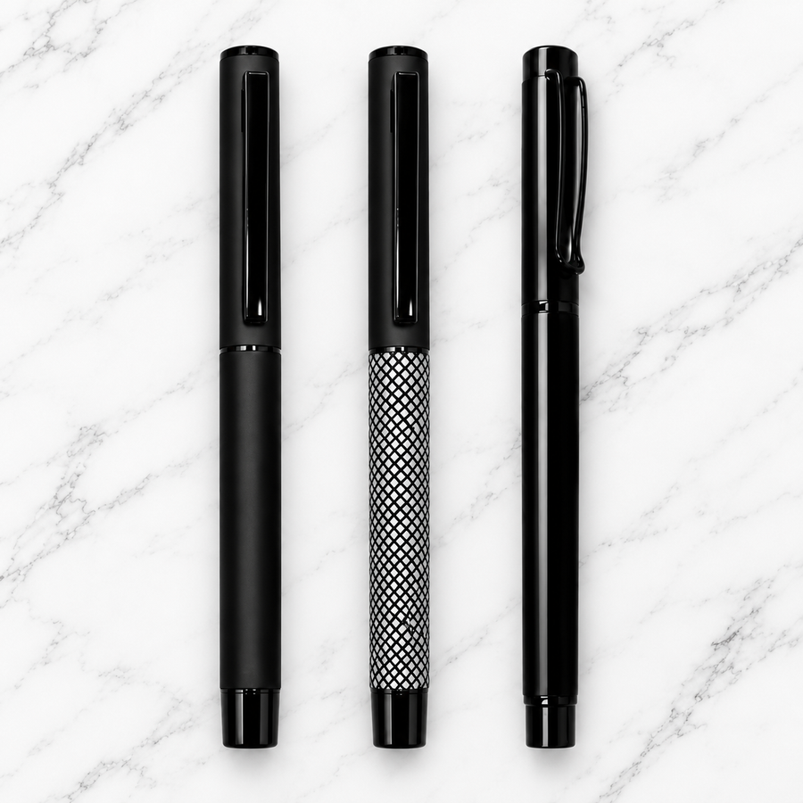 Set of 3 Black Metal Ball Pens – Matt Black, Diamond Grip Design & Glossy Black | Openable Cap