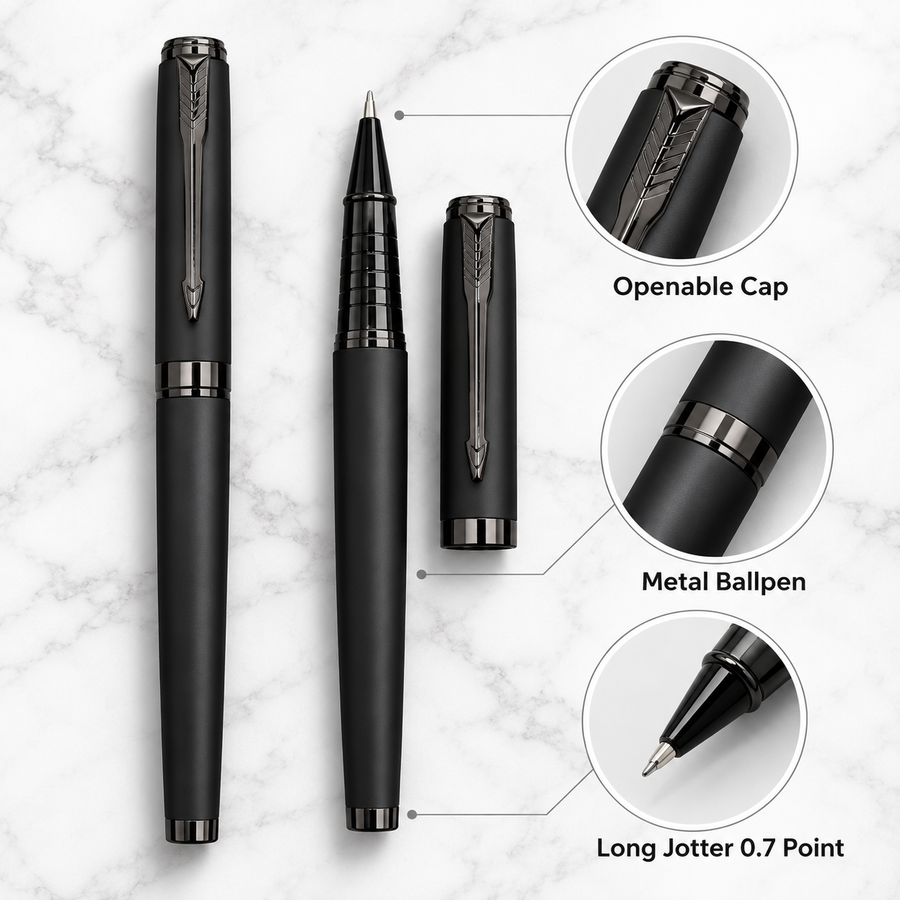 Matt Black Ball Pen with Gunmetal Clip – Openable Metal Pen | Blue Ink + 1 Extra Refill Free
