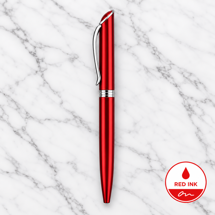 Metallic Glossy Red Ball Pen with Silver Clip | Twist Mechanism | Red Ink | 1 Extra Refill