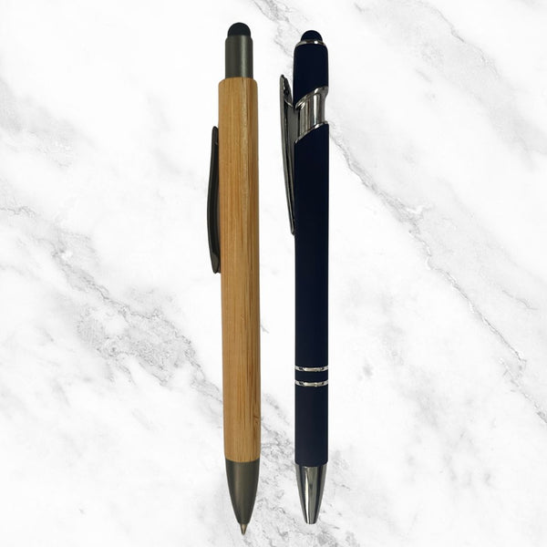 Set of 2 Stylus Mobile Touch Ball Pens – Wooden & Matte Blue with Silver Clip | Blue Ink