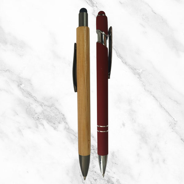 Set of 2 Stylus Ball Pens – Wooden Finish & Matte Maroon | Silver Clip | Blue Ink | Mobile Touch
