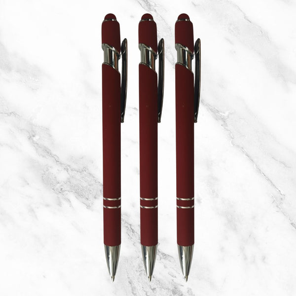 Set of 3 Matte Maroon Stylus Ball Pens – Silver Clip | Click Mechanism | Mobile Touch Tip | Blue Ink