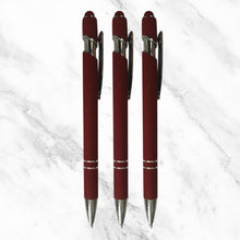 Set of 3 Matte Maroon Stylus Ball Pens – Silver Clip | Click Mechanism | Mobile Touch Tip | Blue Ink