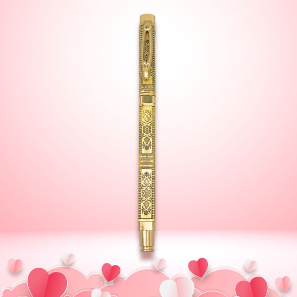 Engraved Metallic Glossy Designer Gold Colour Body Ball Pen with Gold Cap | Openable Mechanism | Blue Ink | Luxury Valentine Gift Pen