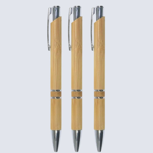 Set of 3 Wooden Colour Body with Silver Clip | Click Mechanism Ball Pen | Smooth Blue Ink