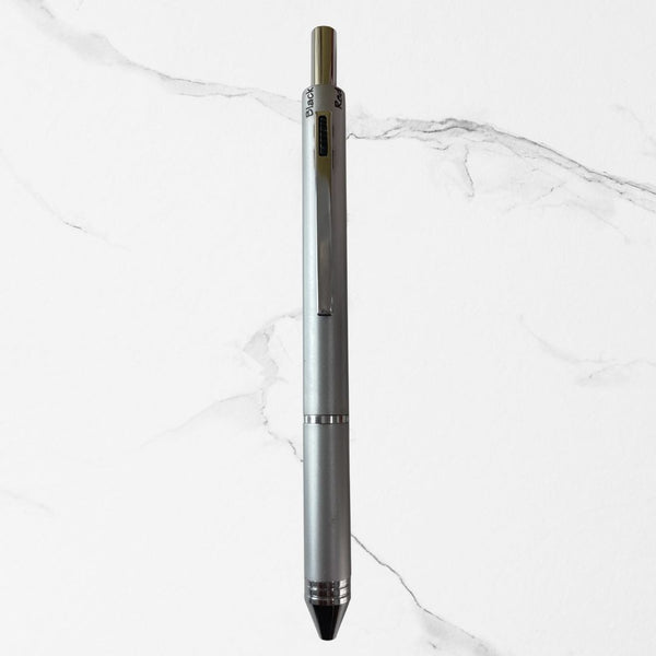 5-in-1 Silver Body Ball Pen – Multi-Color Inks + 0.5mm Pencil
