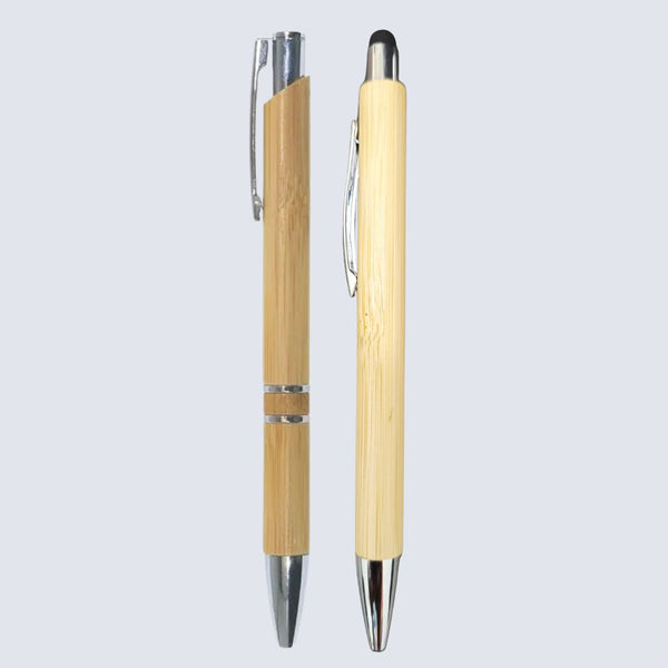 Set of 2 Wooden Colour Body Ball Pens – 1 Standard Click Pen + 1 Stylus Click Pen with Silver Clip | Blue Ink