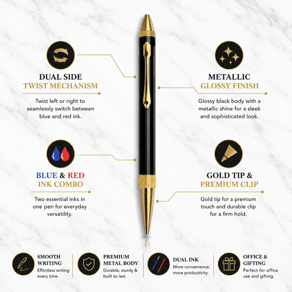 Ballpen Bazaar 2 in 1 Dual Ink Ball Pen Black Gold Grip Blue Red Ink