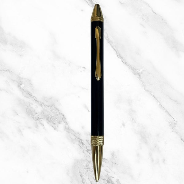 2 in 1 Glossy Black Ball Pen with Gold Grip – Blue & Black Ink 