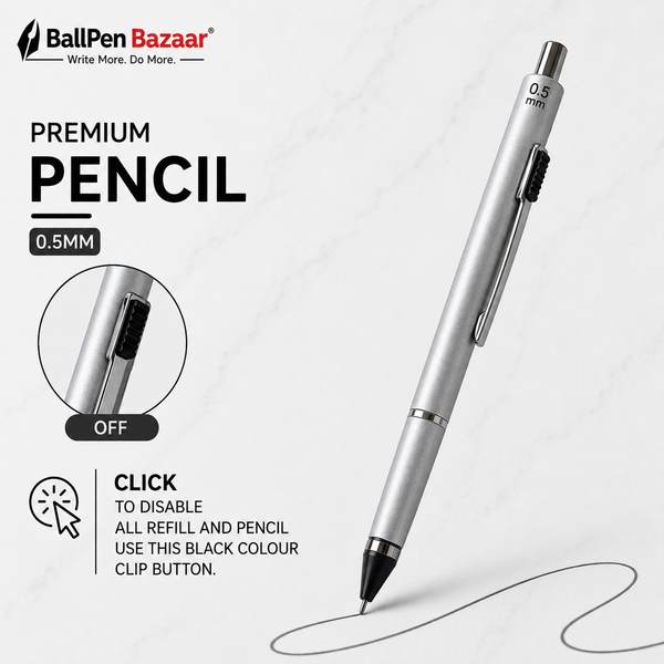 5-in-1 Silver Body Ball Pen – Multi-Color Inks + 0.5mm Pencil