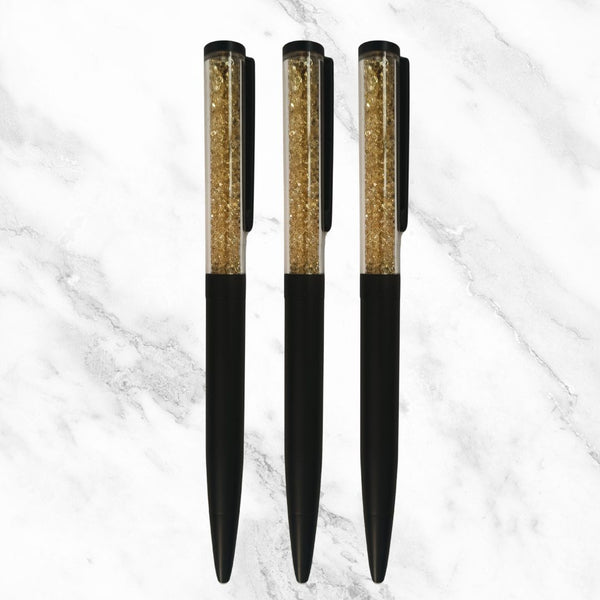 Set of 3 Matte Black Ball Pens – Gold Crystal Top, Black Clip | Blue Ink | Twist Mechanism | Premium Gift Set