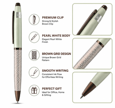 Ballpen Bazaar Matt Pearl White & Brown Grid Design Ball Pen with Glossy Brown Clip | Twist Mechanism | Smooth Blue Ink Writing Pen | Premium Metal Pen | 1 Piece