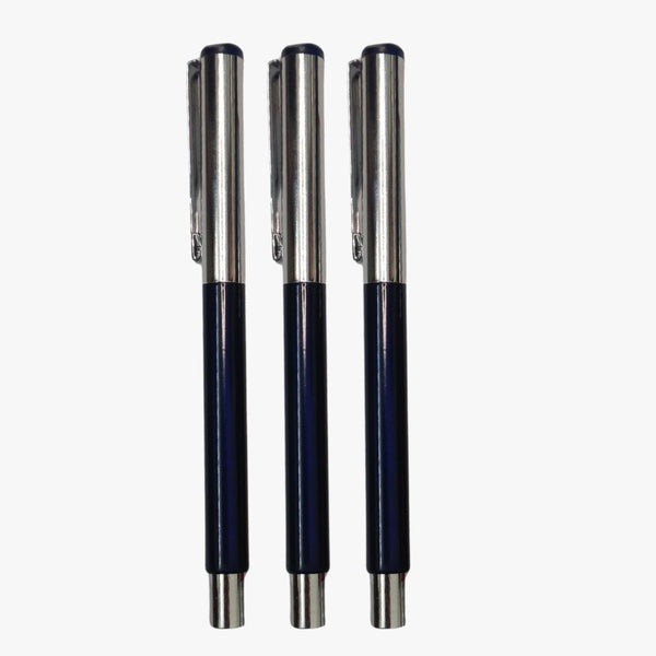 Set of 3 Metallic Glossy Blue Ball Pens with Silver Cap – Openable Mechanism | Smooth Blue Ink Writing